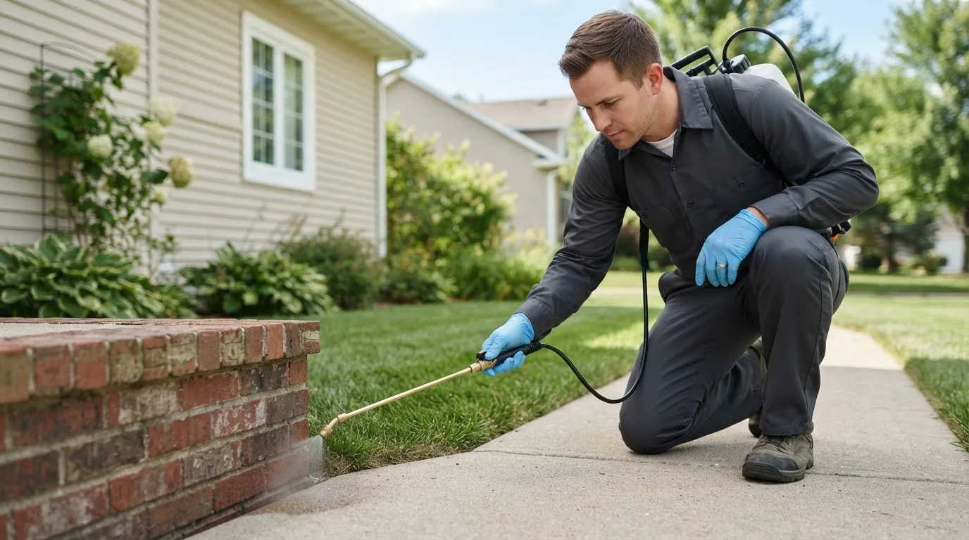 Pest control technician treating a home near Thayer, KS